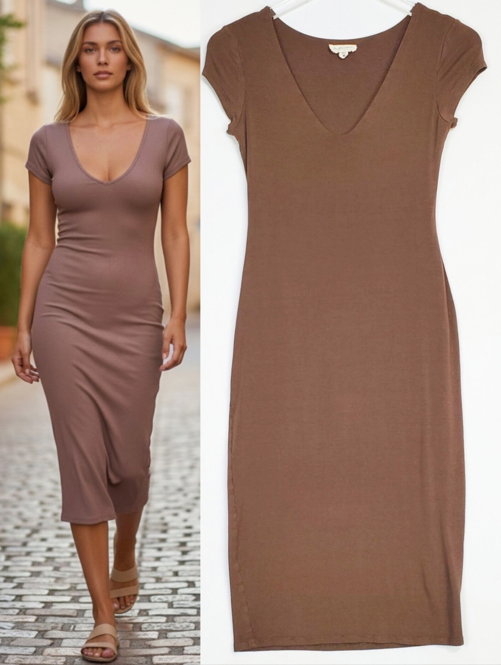 See you monday medium midi t shirt dress v neck brown stretch minimalist classic